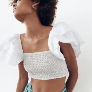 Zara Contrast Ruffle Puff Sleeve Crop top